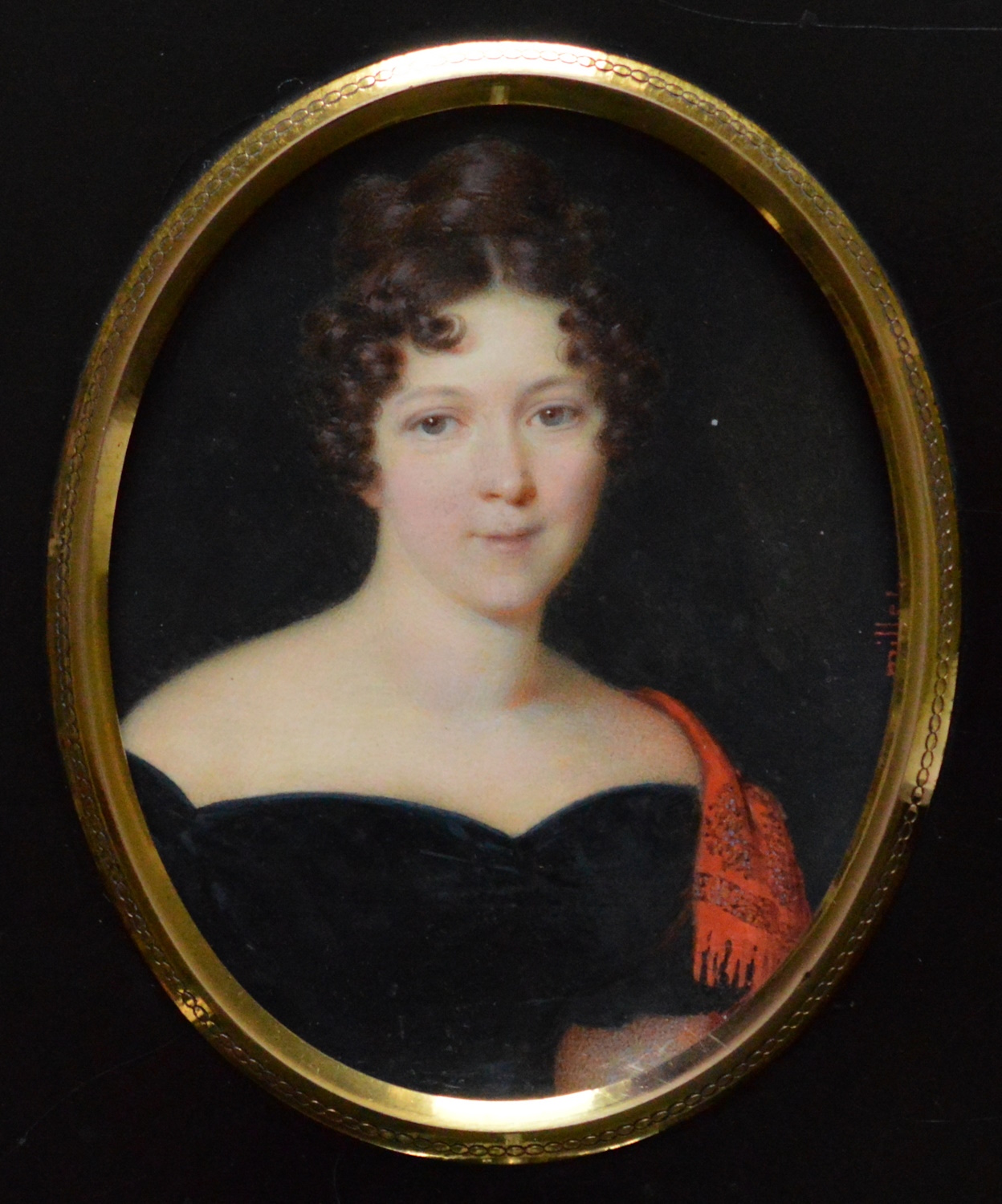 Frédéric Millet – Miniature portrait of a Lady Wearing a Black Dress with a Red Scarf Draped over Her Left Shoulder