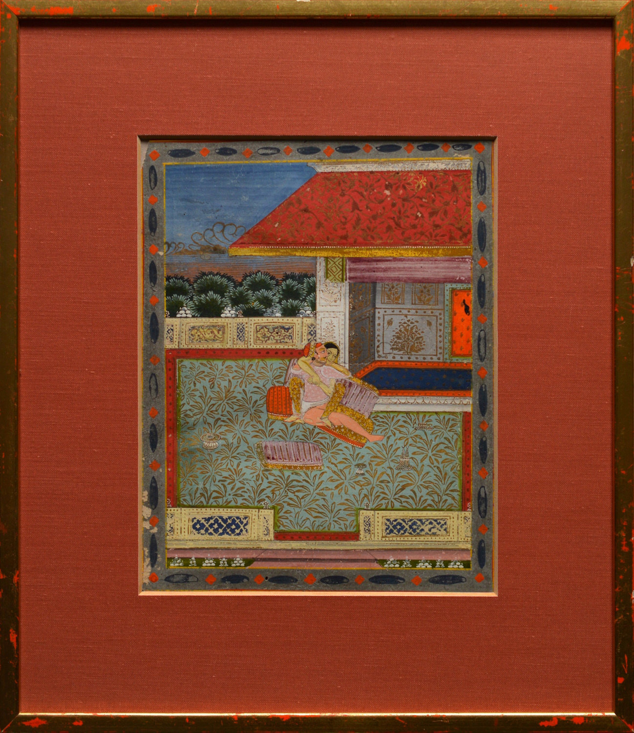 Indian Miniature Painting (18th Or Early 19th C.) – Lovers On A Terrace